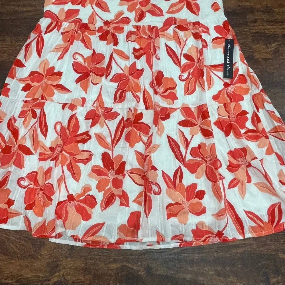 NWT Clover And Sloane Deep Coral & White Floral Tiered Cotton Dress Size Large - Picture 5 of 10